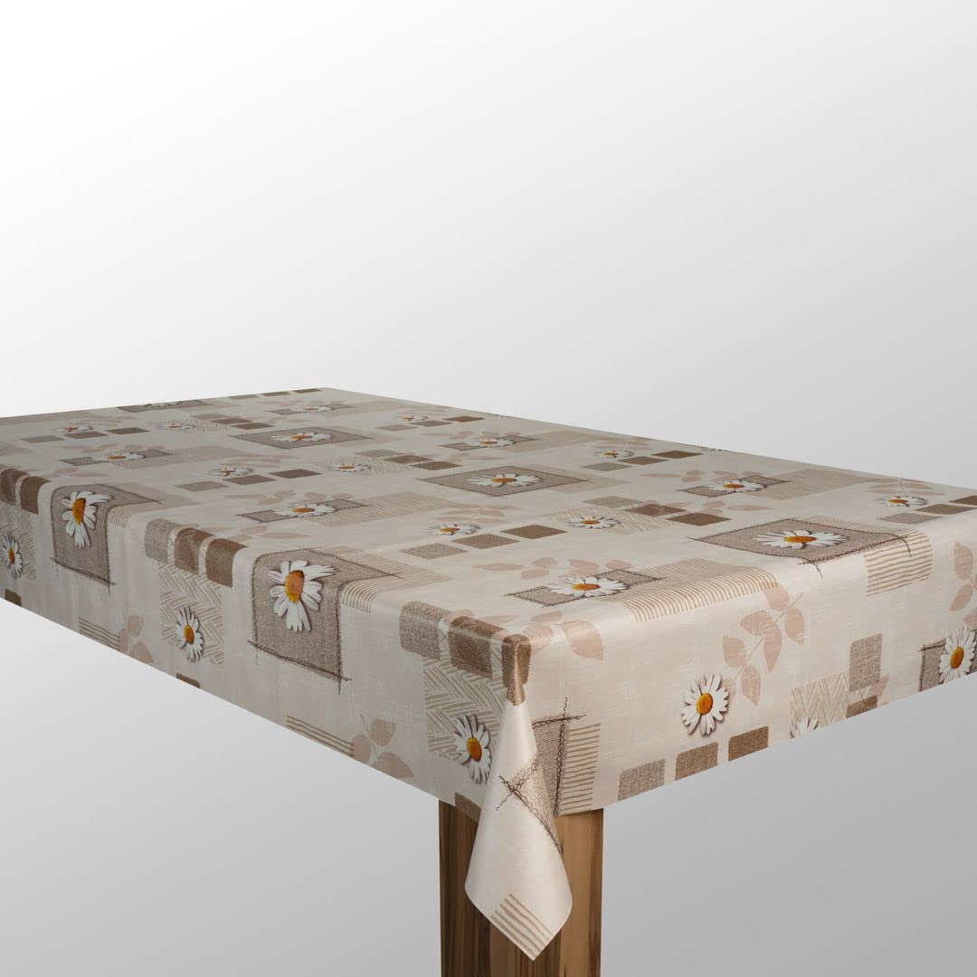laro Wachstuch-Tischdecke Abwaschbar Wachstischdecke PVC Plastik-Tischdecken Eckig Meterware Abwischbar, Muster:Margerite Braun Beige, Größe:140x2000