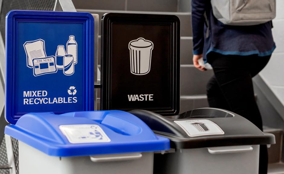 Waste Wise 69 Gallon Recycled HDPE Waste and Recycling Center for Commercial Spaces for Organics, Recycling, Waste with Lids with Signs