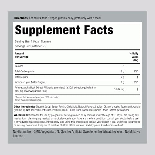 Piping Rock Ashwagandha Gummies Supplement | 75 Count | for Women and Men | Tropical Flavor | Vegan Formula | Non-GMO, Gluten Free - Image 3