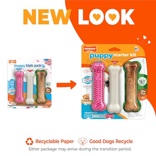 Nylabone New Puppy Starter Kit, Chew Toys & Natural Chew Treat for Puppies, Puppy Enrichment Teething Toys, Pink, Long Lasting Chicken & Bacon Flavor, Small Dogs - Up to 25 Ibs, 3 Pack