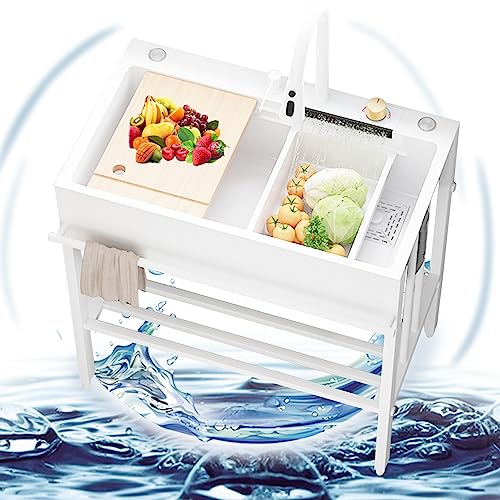 Fregadero De Cocina Moderno En Cascada, De Acero Inoxidable Nano 304, Multifuncional, De Un Solo Seno, Con Grifo De Lluvia, Accesorios, Estilo Rústico Independiente, Para-White-68x45x75cm(LxWxH)