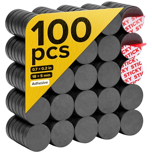 Image of Strong Ceramic Round Magnets with Adhesive Backing (0.7x0.2 /18x5mm, 100 pcs) - Heavy Duty Sticky Magnets, Non-Corrosive, Versatile for Home, Office, Workshop, Whiteboard, Fridge and Hobby Use