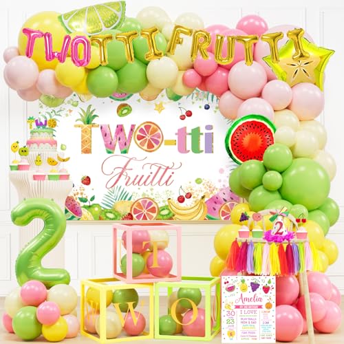 Hombae Twotti Fruity Birthday Decorations Tutti Frutti Party Supplies with Backdrop Balloon Garland Cake Topper Banner Boxes for Girls 2nd Fruit Theme Birthday