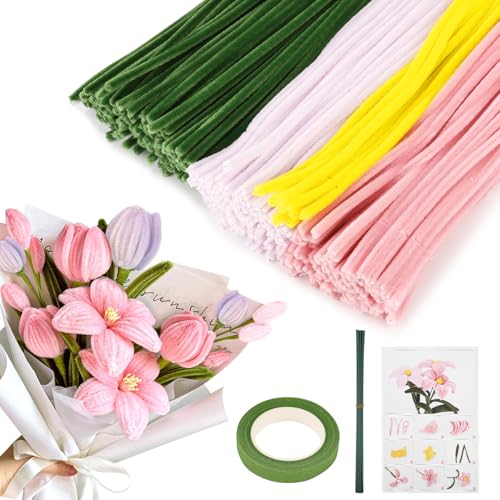 FAOKZE 310 pieces pipe cleaners, 4 colours pipe cleaner, pipe cleaner, flower set, pipe cleaners for crafts and decorating, with instructions, ribbons and wrapping paper FAOKZE 310 pieces pipe cleaners, 4 colours pipe cleaner, pipe cleaner, flower set, pipe cleaners for crafts and decorating, with instructions, ribbons and wrapping paper