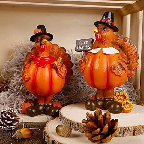 ALLADINBOX Standing Turkey Couple Thanksgiving Decorations, 2 Pack Resin Turkeys Give Thanks Autumn Fall Tabletop Decor Figurine Decorative Centerpieces Harvest Home Ornament Cover
