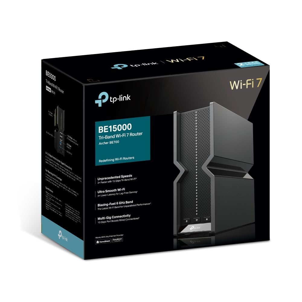 TP-link Archer BE700 Tri-Band BE15000Mbps WiFi 7 Routeur, Multi-Gig ultra-rapide 10G et ports 2.5G, Routeur WiFi 8 flux, Support client VPN, Port USB 3.0, compatible EasyMesh, streaming 8K, HomeShield