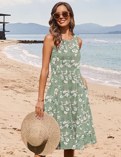 Image of HOTOUCH Summer Casual Dresses for Women Sleeveless Midi Dress Swing Tank Sundress Pleated Tshirt Dress with Pockets
