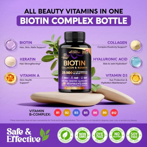 Image of Biotin, Collagen, Hyaluronic Acid & Keratin - Hair Growth Support, 120 Caps