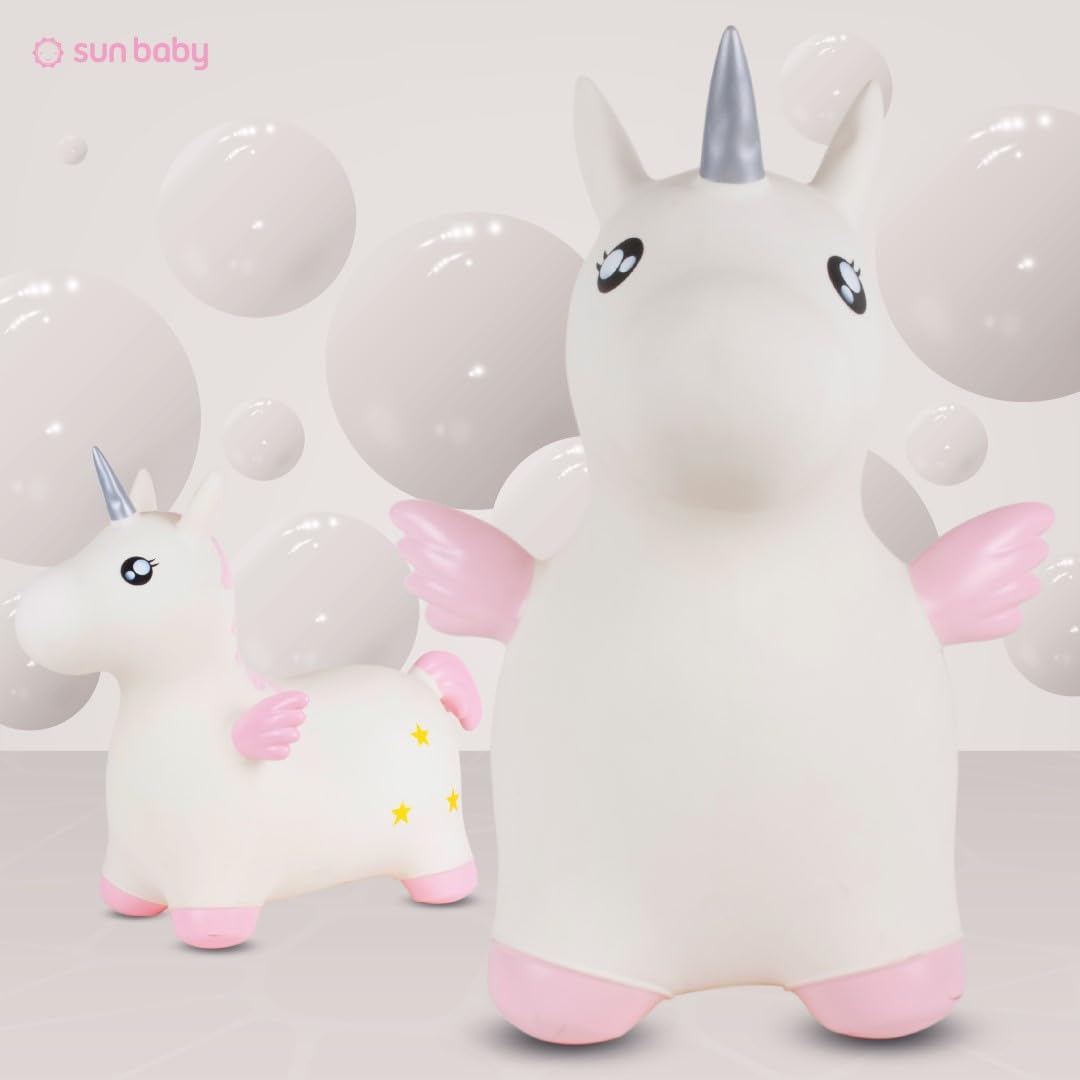 SUN BABY Saltador Hinchable para Niños hasta 45 Kg sin BPA, de 1 año, Pelotas saltarinas para niños (Unicornio Blanco con alas)