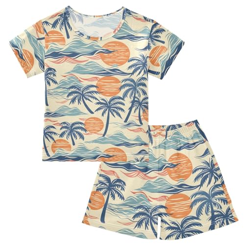 ALAZA Coconut Tree Moon Palm Tree Pajamas Short Sleeve 2 Piece Sleepwear Top and Bottom Pajama Set Unisex