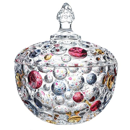 auons Tarro de galletas de cristal colorido, elegante plato de caramelo de cristal con tapa, plato decorativo vintage para frutos secos, recipiente de galletas, tarro de buffet, grande