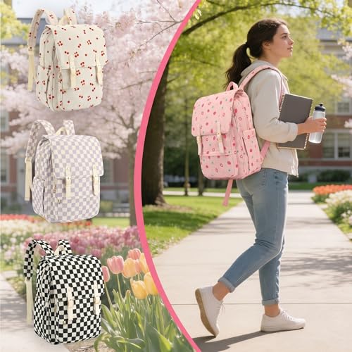 Image of Women Laptop Backpack, Corduroy 15.6 inch Travel Backpack for Work College Business, Teacher Nurse Bag with Large Capacity School Bookbag Bags for Girls - Strawberry Pink