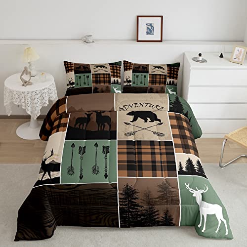 Erosebridal Farmhouse Retro Rustic Quilt Twin Size, Country Bear Deer Comforter Set Hunting Wild Animal Duvet Insert Plaid Arrows Adventure Patchwork Bedding Set with 1 Pillow Case, Brown Gr