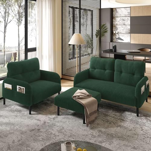KOMHTOM Canapé 3 Places Modulaire avec Fauteuil, Tabouret, 4 Poches Latérales et Pieds de Chaise en Métal - Canapé Salon Moderne Confortable (Vert -...
