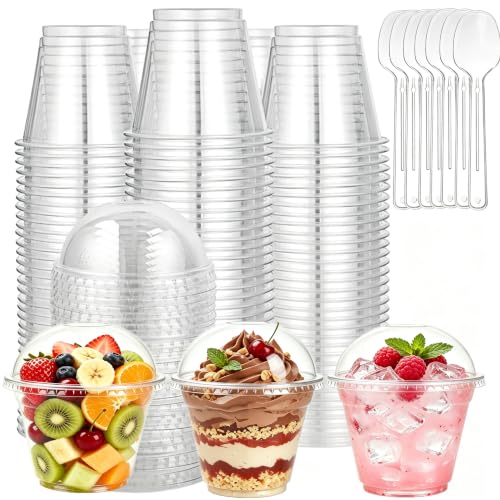 HningBuyox 100 Pack 9 OZ Clear Dessert Cup with Dome Lid and Spoon, Sturdy PET Party Parfait Cups for Cold Drinks Salad, Ice Cream, Fruit, Snack, Yogurt, Disposable Take Out Container
