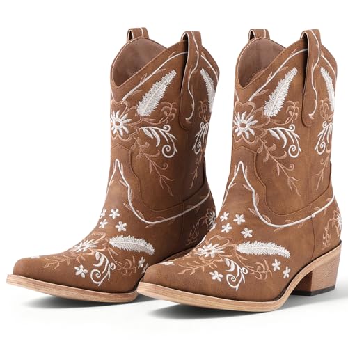 Image of LingxiaUne Cowboy Boots for Women Floral Cowgirl Boots with Pointed Toe and Chunky Heel Mid Calf Western Boot for Concert Festival Country Night Party