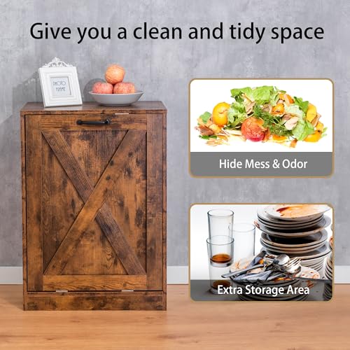 Image of 13 Gallon Wooden Tilt Out Trash Cabinet Hidden Trash Can Kitchen Recycling Cabinet Laundry Cabinet for Kitchen, Living Room (Brown)