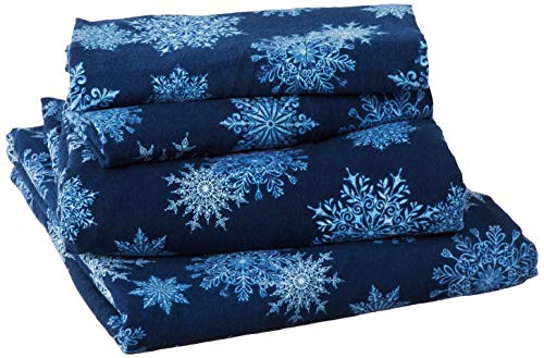 Pointehaven Flannel Deep Pocket Set with Oversized Flat Sheet, Queen, Snow Flakes Navy