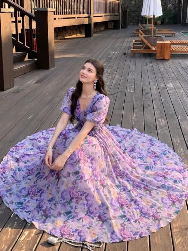 Image of TOLEEN Summer Casual Dresses for Women 2026 Spring Fashion Boho V Neck Long Sleeve Ruffle Floral Print Elegant Maxi Dress