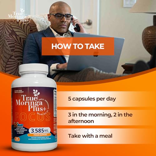 True Moringa Plus+ Focus Support Supplement 10:1 Extract | 20,000mg of Organic Moringa, Reishi, Cordyceps, Lion’s Mane, Ashwagandha, Bacopa Monnieri | Memory & Brain Health for Adults (150 Capsules)