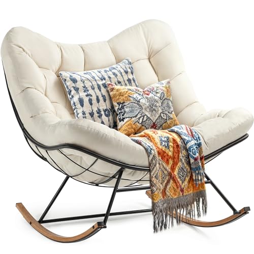 YITAHOME Übergroßer Schaukelstuhl, Breiter Schaukelstuhl mit Extra Dicker Sitzauflage, Bequemer Lounge Sessel für Innen- und Außenbereich, Wohnzimmer, Terrasse, Garten, Veranda (Beige)