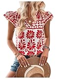 Floerns Women's Striped Notched V Neck Ruffle Cap Sleeve Blouse Tops Red Flower Large