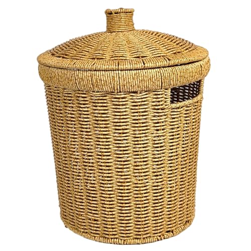 Lawnrden Poubelle de salle de bain en osier, poubelle en rotin 9, 5 x 12, 6 pouces en osier rond avec couvercle et poignée pour chambre à coucher, dortoir,...