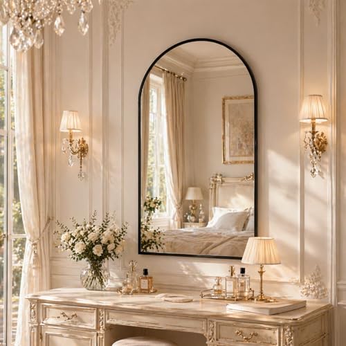 Image of 20 inchx30 inch Arched Black Bathroom Mirror - Metal Framed with HD Shatter-Proof Glass, Wall-Mounted for Over Sink, Entryway, Living Room, Bedroom