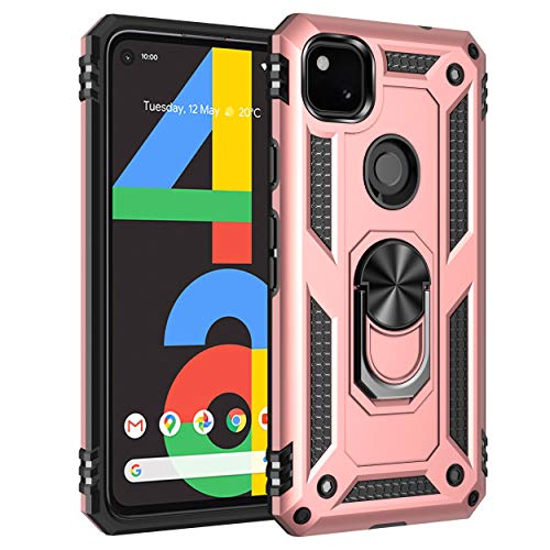 SORAKA Case for Google Pixel 4a with Ring Holder Armor Case Google Pixel 4a Case Soft TPU Bumper Hard PC Back Cover with Metal Plate for Magnetic Phone Car Mount Rose Gold