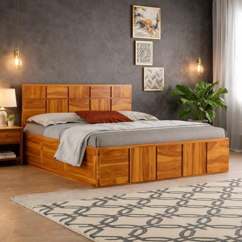 Image of Solid Sheesham Wood King Size Bed with Storage | Modern Wooden Bed with Box Storage | Strong Durable Bed Frame with Designer Headboard | Ideal for Bedroom Home & Hotel (Honey Finish)
