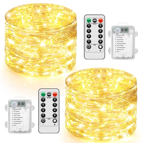 2 Pack 100 LED Fairy Lights Battery Operated with Remote, 33FT Waterproof Twinkle Lights with 8 Modes & Timer, String Lights for Bedroom DIY Wedding Indoor Outdoor Christmas Decorations, Warm White