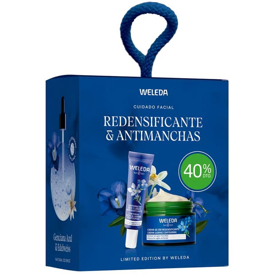 Cofre Regalo Navidad Cuidado Facial Redensificante | Pack Crema Día 40ml + Contorno Ojos 10ml | Antiedad con Genciana Azul BIO, Edelweiss BIO y Centella Asiática | Reafirma, Unifica Tono, Vegano