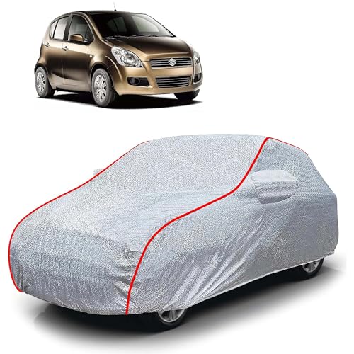 Image of Sulfar 100% Waterproof Car Body Cover Compatible with Mirror for Maruti Suzuki Ritz (Triple Stitched, Full Bottom Elastic, Magic Silver with Red Piping)