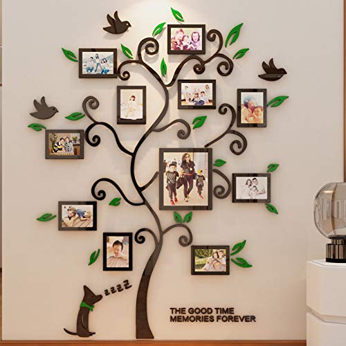 Encoft 3D Pegatina de Árbol Vinilos Hojas Negros 132 * 160 cm con 11 pcs Marcos de Foto Adhesivo Decorativo de Pared para Dormitorio Hogar Oficina (L, verde negro)