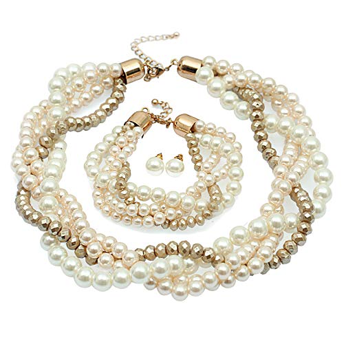 Pearl Necklace Set fake pearl necklaces Pearl Earrings Pearl Bracelet Cluster Bead Collar Twist Multi-Strand Pearl Choker Necklace set gift for Women(golden choker)