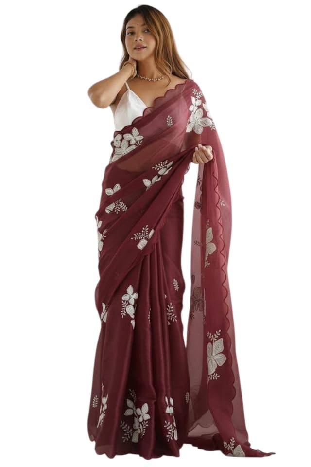 KULIA® Bollywood - Sari con blusa sin costuras, secuencia de fuego, trabajo para mujer, rojo (Maroon), L