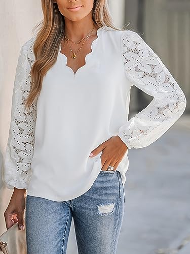 CUPSHE Women Lace Elegant Blouse Long Sleeve Eyelet V Neck Dressy Party Floral Tops Scalloped V Neck3