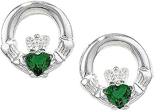 Irish Celtic Claddagh Sterling Silver Stud Earrings/Ear Studs With Emerald Green Cubic Zirconia (CZ) Stones - 925 Sterling Silver