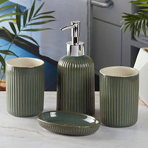 Image of SaSaSa Ceramic Bathroom Accessories Set of 4 Modern Bath Set with Soap Dispenser & Toothbrush Holder, Luxury Home & Gift Idea, Green (9903)