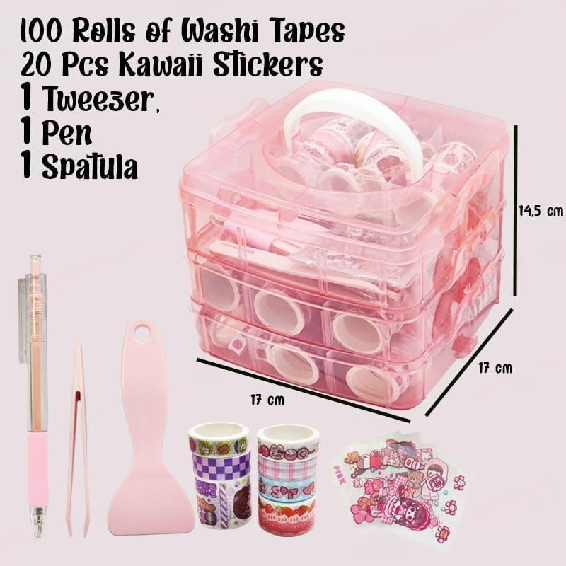 Image of Washi Tape Set - 100 Pcs Decorative Designer Tapes + 20 Kawaii Stickers, Tweezer, Pen, Spatula in 3-Layer Storage Box | Masking Tapes for DIY Crafts, Journaling, Scrapbooking (MODEL 2)