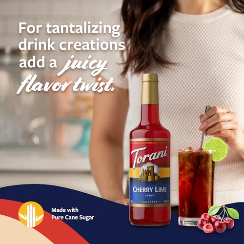 Image of Torani Cherry Lime Syrup for Drinks, Flavoring for Iced Tea, Lemonade, Sodas, and Cocktails, Glass Bottle with Pump Included, 25.4 Fl Oz