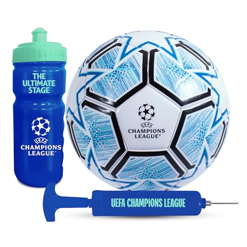 PACCHETTO REGALO COMPLETO DI CALCIO – Include un pallone da calcio UEFA Champions League taglia 5, una pompa a mano per un gonfiaggio rapido e una bottiglia di plastica da 500 ml per mantenerti idratato durante l'allenamento e le partite.