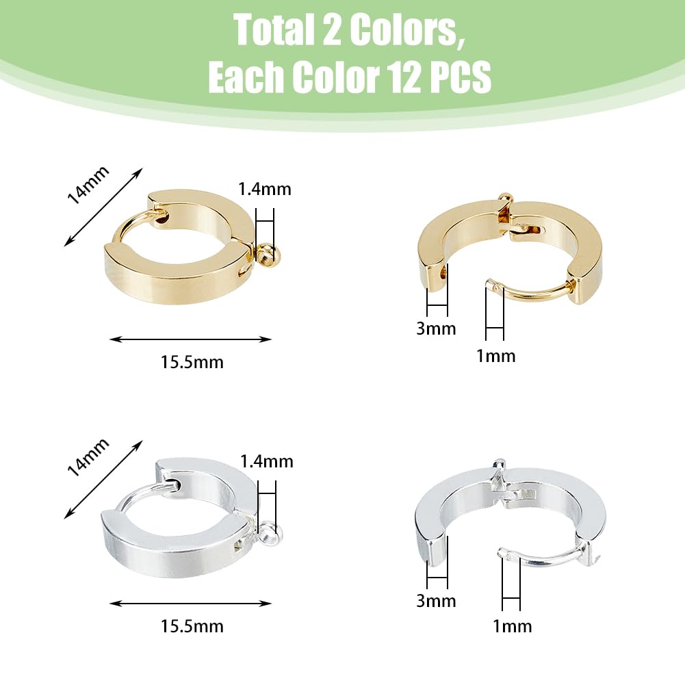 DICOSMETIC 24 orecchini Huggie con passante, 2 colori, rotondi, orecchini a monachella, in acciaio inox, per gioielli fai da te, foro: 1,4 mm, penna: 1 mm