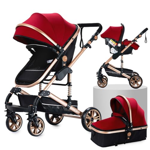 Silla de paseo 3 en 1 reversible con moisés | Marco triangular estable & suspensión de muelle delantero | Plegado compacto con un toque para fácil almacenamiento(rojo)