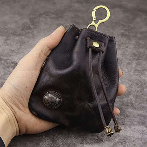 Genuine Leather Coin Purse Small Coin Purse Key Bag Mini Wallet with Pull Cord Style Coin Pouch for Women Men(Yellowish-brown) 7