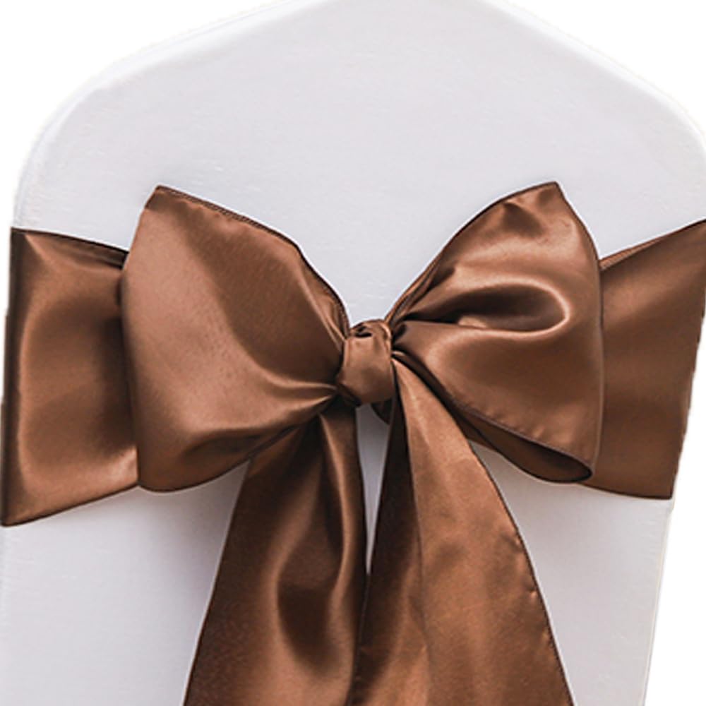 JFDYDM 50 Pack Satin Brown Chair Sashes Bows for Thanksgiving Halloween Autumn Wedding Birthday Party Deocrations, Brown Sashes for Chair Covers