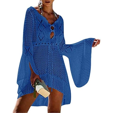 Qixuan Womens Summer Beach Tops Sexy V Neck Perspective Cover Dresses Bikini Cover Up Lace-up Net A-DarkBlue Cover