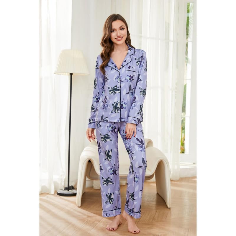 Image of LYCY Womens Pajama Sets Floral Print, Long Sleeve Button Down Pajamas Set for Women Soft Sleepwear Pjs 2 piece Loungewear