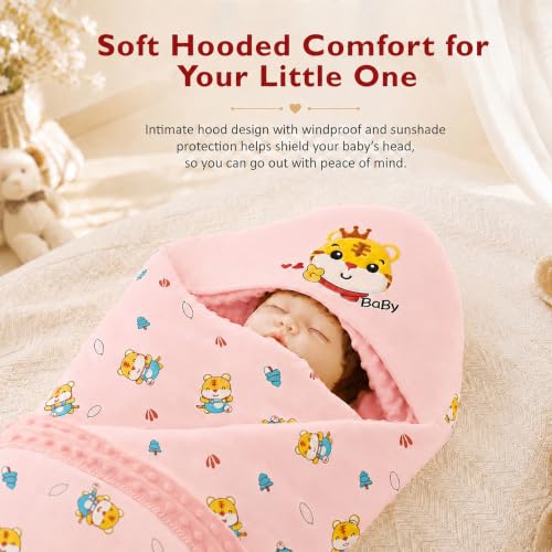 Image of StarAndDaisy Baby Swaddle Wrapper Blanket with Hood | Cotton & Soft Bean Velvet Receiving Blanket | Newborn Baby Wrap, Infant Sleeping Bag, Baby Quilt for Boys & Girls (Pink)