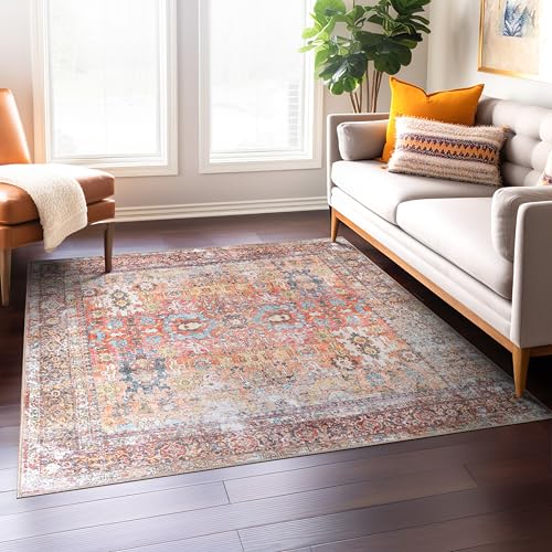 Rugshop Multi Transitional Distressed Square Area Rug — Machine Washable & Non‑Slip, 6' 7" Square for Dining Room, Living Room and Office